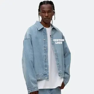 OEM wholesale fashionable customized chenille patches cropped length oversized light washed denim jeans jacket
