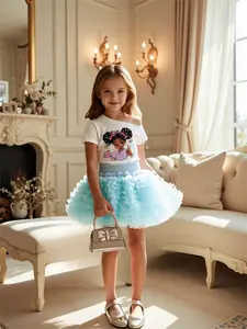 Set Pakaian Grosir untuk Balita Perempuan, Kaos Lengan Pendek Motif Kartun + Rok Tulle Berlapis Polos 2 Pcs - Product Image 5