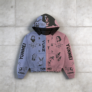 Felpa con Zip Yunmei per Uomo, Produzione Personalizzata con Ricamo, Colori a Blocchi, Effetto Lavaggio Acido, Strappata e Invecchiata, Felpa Pesante - Product Image 4
