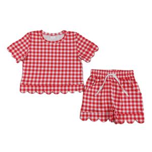 GSSO3187 RTS Venta al por Mayor Conjunto de Ropa de Verano para Niña Pequeña con Estampado a Cuadros Rojos y Manga Corta - Product Image 1