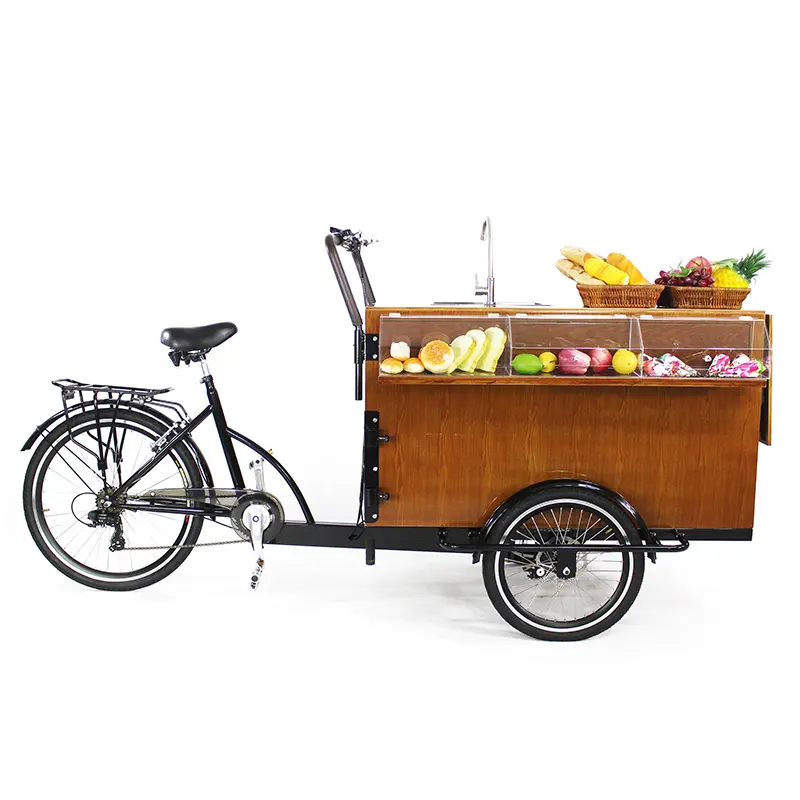 음식 판매를 위한 나무 상자 자전거를 가진 자동 판매기 손수레 우산 커피 자전거