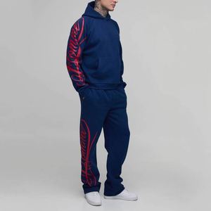 Ensemble de survêtement deux pièces pour homme, personnalisé, avec impression verticale 'Navy Red' sur les manches du sweat à capuche et du pantalon de survêtement - Product Image 1