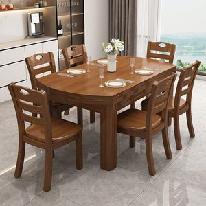 Solid Wood <b>Dining</b> <b>Table</b> And Chair <b>Set</b> 6 Piece Extendable <b>Round</b> <b>For</b> Small Apartments And 6 10 People - Product Image 4