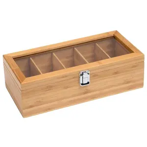 Gỗ tre 5 khoang túi trà lưu trữ Organizer bằng gỗ Organizer Box với nắp trong suốt