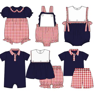 New fashion summer girls clothing set red plaid smocked baby pants set newborn boutique baby girls' rompers