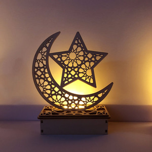 Warm <strong>White</strong> Eid Mubarak Festival <strong>Moon</strong> Ornaments Home Decorative Wooden Craft Light With Candlestick Five-Pointed Star Castle - Product Image 6