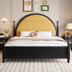 Cama de Madera Maciza Negra de Lujo, Cabecera Semicircular (Tela/Ratán), Personalizable para Proyectos de Hoteles y Apartamentos, Apta para Pedidos al por Mayor - Product Image 5