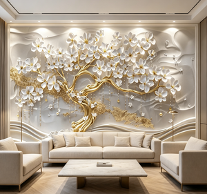 Murale 3D Personalizzato con Albero Dorato e Magnolia Bianca in Rilievo, Carta da Parati di Lusso per Villa, Hotel, Appartamento - Product Image 6