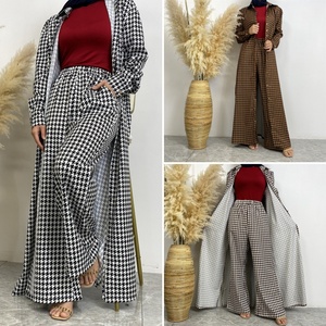 6674# New Fashion Print Satin Set Full Button Long Cardigan and Pocket Pant Muslim Women 2pcs Abaya Sets 10 Colors - Product Image 4