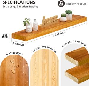 36-inch tự nhiên rắn gỗ nổi Kệ 2-mảnh đặt vô hình chân đế cho tường lưu trữ phòng khách phòng tắm nhà bếp - Product Image 4