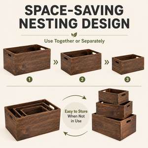 Custom Set 3 Rectangular Wood Nesting <b>Storage</b> Crates with Handles Farmhouse Rustic Handmade Natural Solid <b>Baskets</b> - Product Image 3