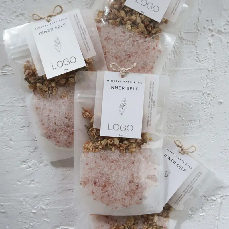 Bagno personalizzato Private Label ammollo sale rosa cristallo sali da bagno naturali organici himalayani con fiori sali da bagno OED