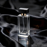 Flacon de parfum carré transparent de 60 ml, 80 ml, 100 ml avec bouchon noir et col doré, emballage de luxe pour parfum, impression sérigraphique
