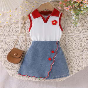 Vêtements décontractés pour filles de 3 à 7 ans, ensemble de 2 pièces, haut sans manches à fleurs orange avec col rabattu et short en jean, ensemble en jean pour fille - Product Image 2