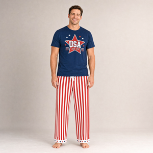 Pigiami Patriottici per la Famiglia per il 4 Luglio USA, Set Rosso <span class=keywords><strong>Bianco</strong></span> Blu con Stelle e Strisce, Abbigliamento da Notte Ecologico Primavera-Estate - Product Image 3