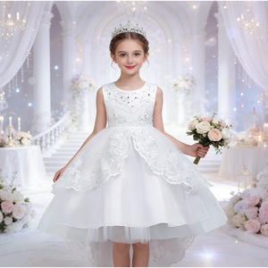 Robe de demoiselle d'honneur pour filles, blanche, col rond, jupe en tulle et dentelle perlée, style princesse, pour fête de mariage - Product Image 1