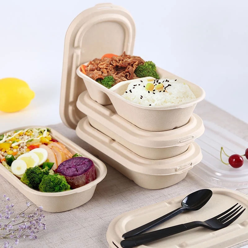 Paket servisi olan restoran Fast Food ambalaj kapaklı kutular Compostable ve biyolojik olarak parçalanabilir şeker kamışı Bento kutusu