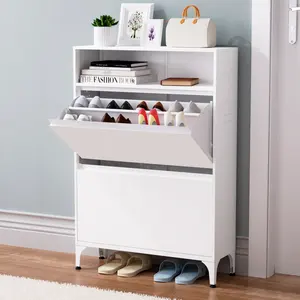 Metal Shoe Storage Cabinet With 2 Flip Drawer For Entryway Free Standing Wall-Mounted Shoe Rack Cabinet