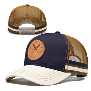 5 Panel High Profile 2 Side <b>Crown</b> Striped Sports Caps Gorras Mesh Hats With Custom logo Trucker Cap With Leather Patch <b>for</b> Men - Product Image 1