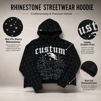 Sweat-shirt à capuche unisexe personnalisé, épais, orné de strass, avec bordure imprimée style gothique rétro, modèle pull-over