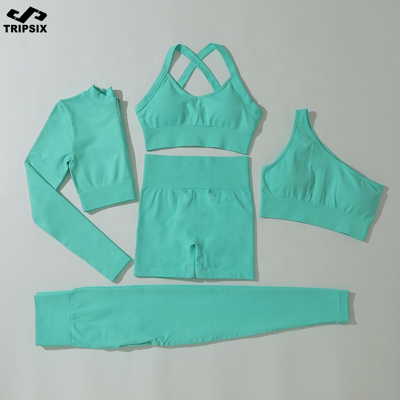 Conjunto de roupa de academia sem costura, top cropped de manga comprida para mulheres, cintura alta yoga