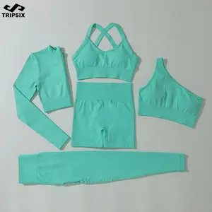 Ropa de gimnasio sin costuras para mujer, conjunto de pantalones cortos de Yoga de cintura alta para Fitness, Top corto de manga larga, leggings, conjuntos de entrenamiento