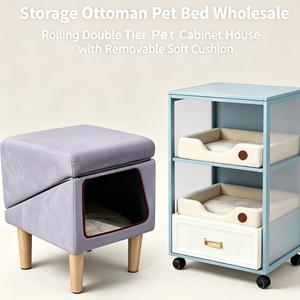 Space Saving Storage Ottoman <b>Cat</b> Bed Footstool Hidden Pet Cave with Washable Removable <b>Plush</b> Cushion - Product Image 1