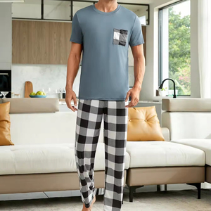 2024 Neues Pyjama-<span class=keywords><strong>Set</strong></span> für Männer Blue Plaid Kurzarm-<span class=keywords><strong>Set</strong></span> Komfortable Sommerschlaf-Kleidung Farbkontrast Home Wear - Product Image 1