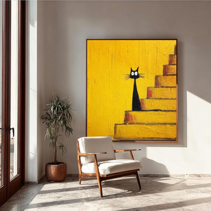 Stile Minimalista, Dipinto a Olio <span class=keywords><strong>di</strong></span> un Gatto Nero che Si Trova sulle Scale, Opera d'Arte Animale Disegnata a Mano Perfetta per Decorazione Murale - Product Image 5