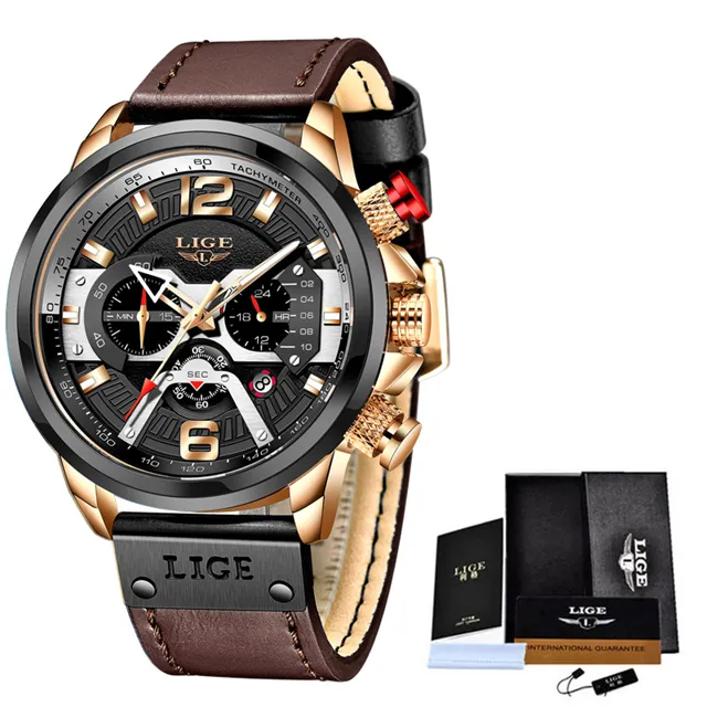 LIGE-montre à Quartz en cuir pour hommes, chronographe étanche, Date, bracelet de luxe, vente en gros usine,