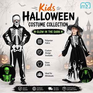 Costume de squelette phosphorescent pour enfants et adultes, tenue de cosplay en polyester pour Halloween, robe de sorcière, vente en gros OEM - Product Image 1