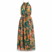 Nouvelle Arrivée 2026 Robe Longue Halter pour Femme, Imprimé Floral, Encolure Anneau Doré, Taille à Cordon, Robe de Plage en Mousseline S-2XL
