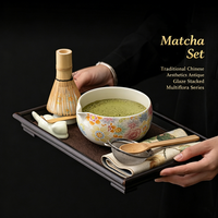 Ensemble cadeau de thé matcha Kingze élégant et floral, 8 pièces, bol à matcha en céramique avec fouet en bambou, pour cadeau d'entreprise, logo personnalisé