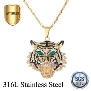 316L Stainless Steel <b>Iced</b> <b>Out</b> Tiger Pendant Necklace Gold Plated Rhinestone Hip Hop Cuban <b>Chain</b> Waterproof Tarnish-Free Jewelry - Product Image 1