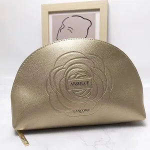 Deboss logo gold leather zipper cosmetic bag faux leather beauty bag pouch