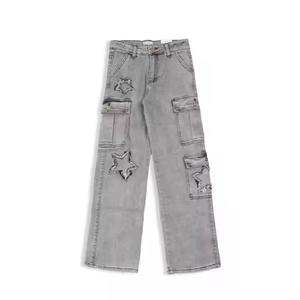 Jeans Retro Transpirables de Cintura Media con Múltiples Bolsillos para Niñas, Estilo Casual de Mezclilla con Corte Acampanado y Diseño Sólido, Pantalones Cargo para Niños - Product Image 4