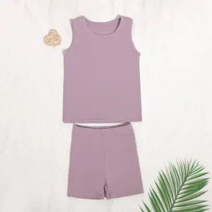 High Quality Sweet Style Children Clothes Solid Color Sleeveless Yoga Fabric Baby Girls Clothing Sets