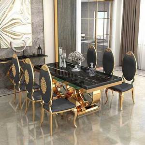 Table à manger en métal doré <span class=keywords><strong>design</strong></span> royal <span class=keywords><strong>de</strong></span> luxe ensemble 6 places <span class=keywords><strong>4</strong></span> chaises meubles <span class=keywords><strong>de</strong></span> maison salle à manger table à manger moderne en métal marbré - Product Image 4