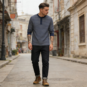 Vêtements d'automne pour hommes, T-shirt Henley rayé à manches longues en pur coton épais de style vintage, chemise nautique de style marin, fournisseur de choix - Product Image 5