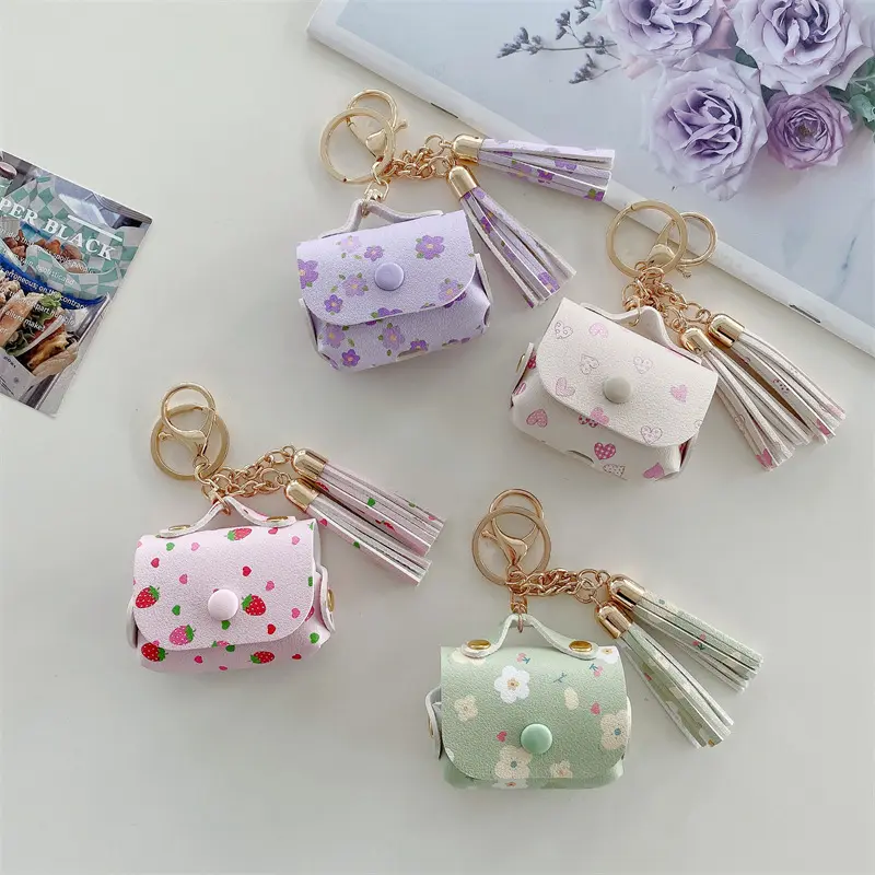 For Airpods1/2 Pro Leather Flower Heart-shaped Headphone Cover with Tassel Key Ring