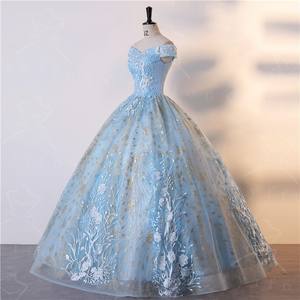 Damen Abendkleid, Schulterfrei, Trägerlos, mit Gestickten Applikationen, Hellblau, Ballkleid, Quinceanera-Kleid - Product Image 4