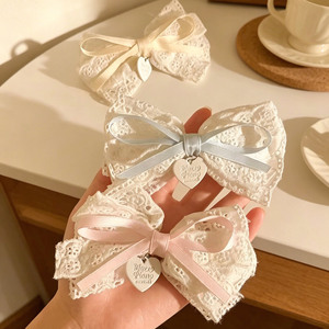 Large lace <b>bow</b> hair <b>clip</b> for women, elegant and natural style, perfect for bangs, white heart hair accessory. (Cross-border - Product Image 1