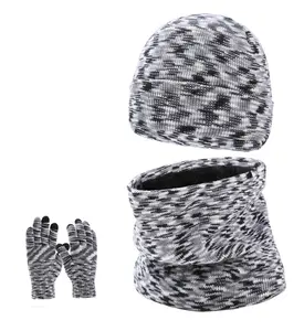कस्टम यूनिसेक्स आउटडोर सर्दियों बुना हुआ टोपी दुपट्टा और दस्ताने Beanie सेट थोक सर्दियों के गर्म मोटी 3 pcs सेट