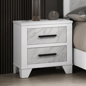 White Nightstand With Faux Marble Insert Black Bar Pulls Bedroom <b>Storage</b> <b>Drawer</b> Cabinet Rubberwood Construction - Product Image 2