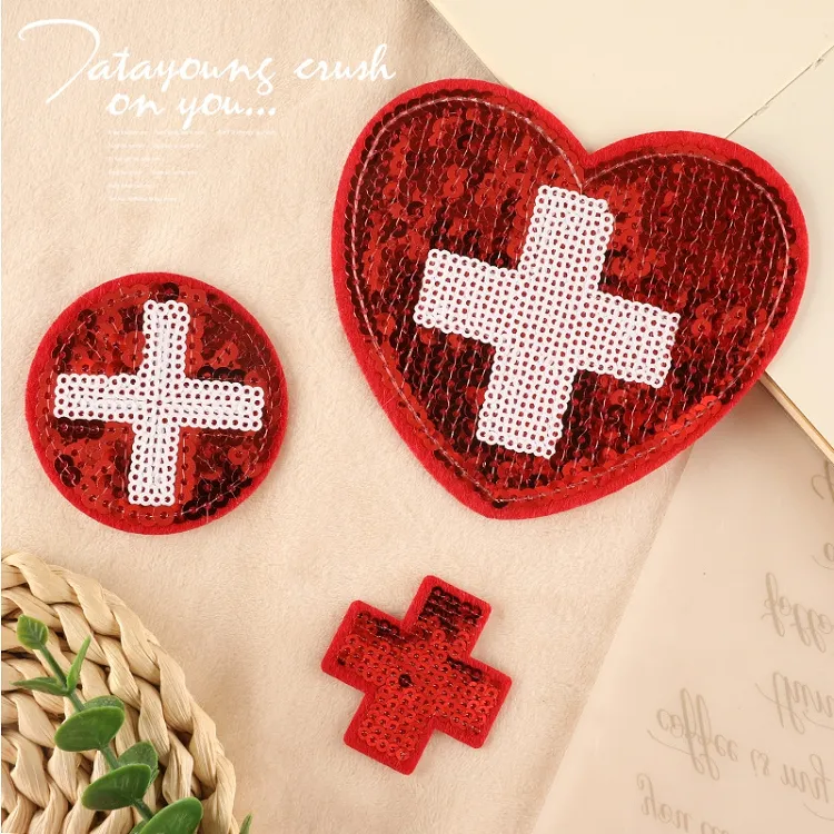 Broderie personnalisée patchs pailletés fer sur brassard signe de sauvetage bling sequin croix rouge patch premiers soins pour sac à dos vêtements