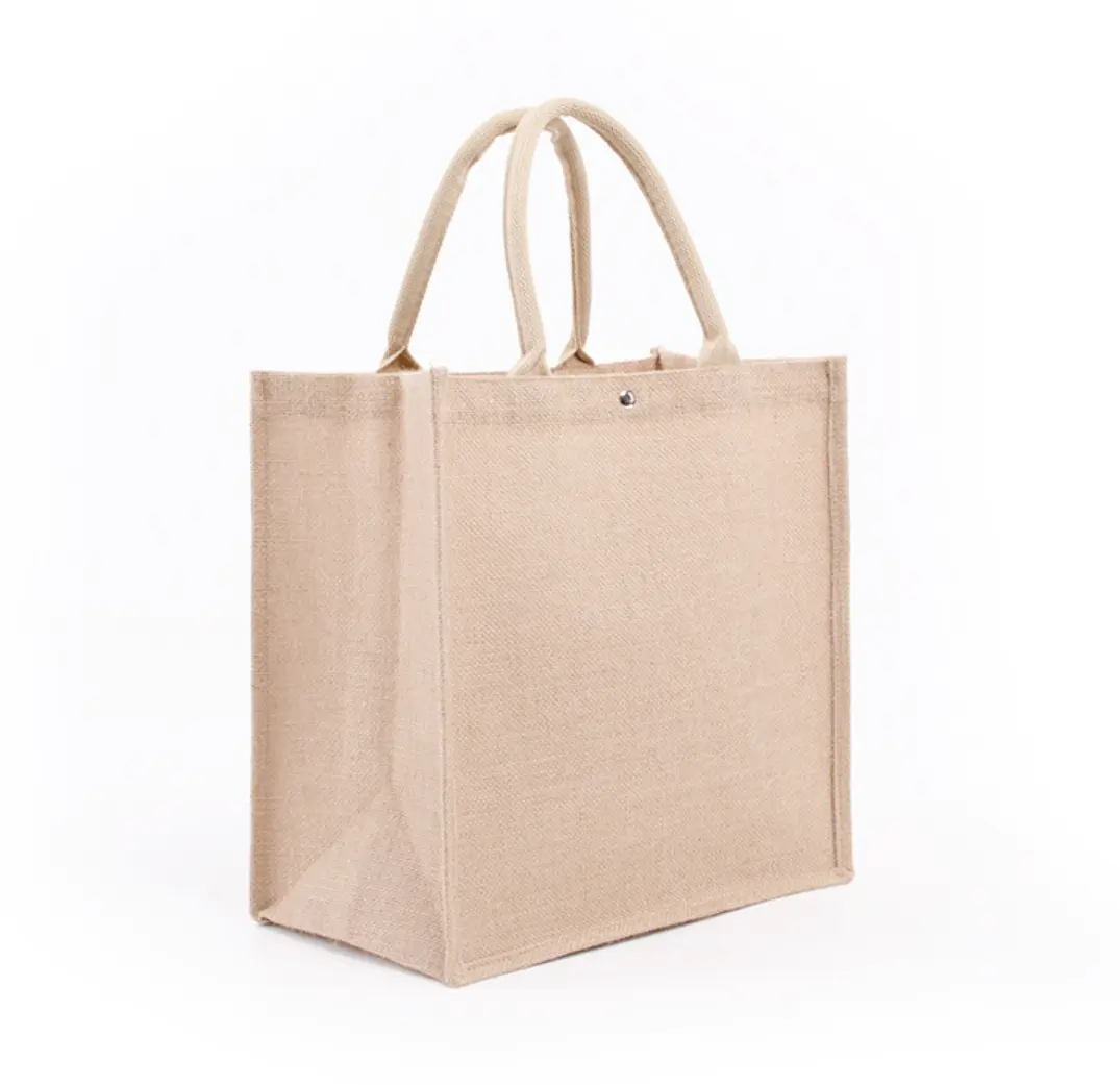 Recycled Custom Large Capacity Eco Friendly Reusable Custom Logo Burlap Jute Tote Shopping Bag With button