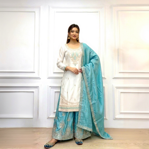 Ensemble Sharara 3 Pièces Traditionnel Indien Ethnique pour Mariage Hivernal et Fêtes, Coupe Slim, Brodé, Réversible, Infroissable, en Soie Fendy pour Diwali - Product Image 1