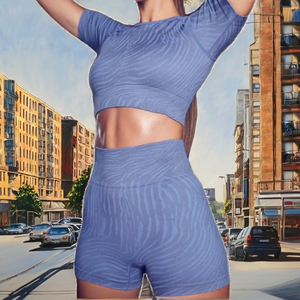 Conjunto de Shorts de Cintura Alta a Rayas Azules para Mujer con Diseño Calado, Ropa Deportiva Transpirable de Punto de Spandex y Poliéster - Product Image 2