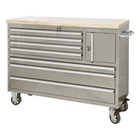 Banc de travail mobile en acier inoxydable - Armoire à roulettes à 7 tiroirs avec plateau en bois, solution de rangement robuste pour atelier