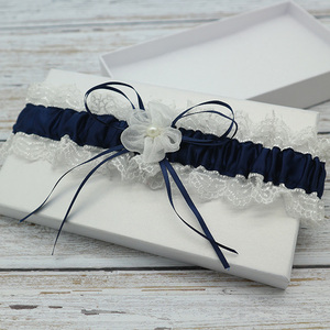 Ensemble de jarretelles de mariage <span class=keywords><strong>bleu</strong></span> <span class=keywords><strong>marine</strong></span> avec ruban, dentelle, perles et fleurs en organza, élastiques et élégantes - Product Image 5